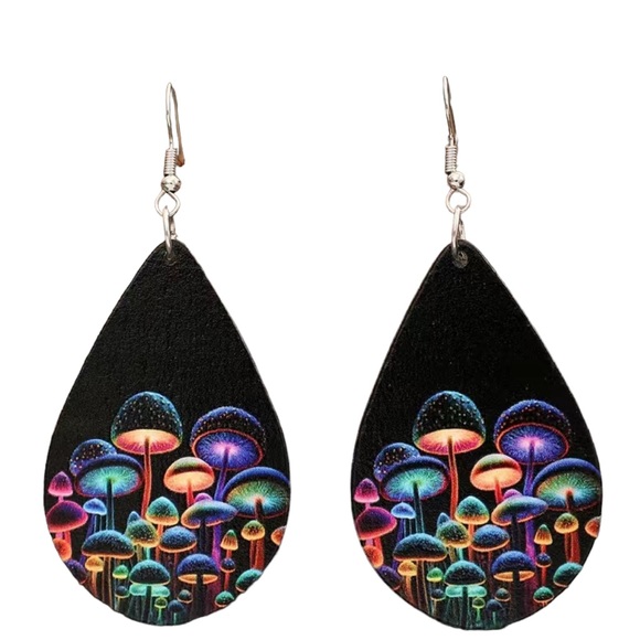 Fluorescent Colorful Mushroom and Black Teardrop Leather Earrings - Picture 3 of 5